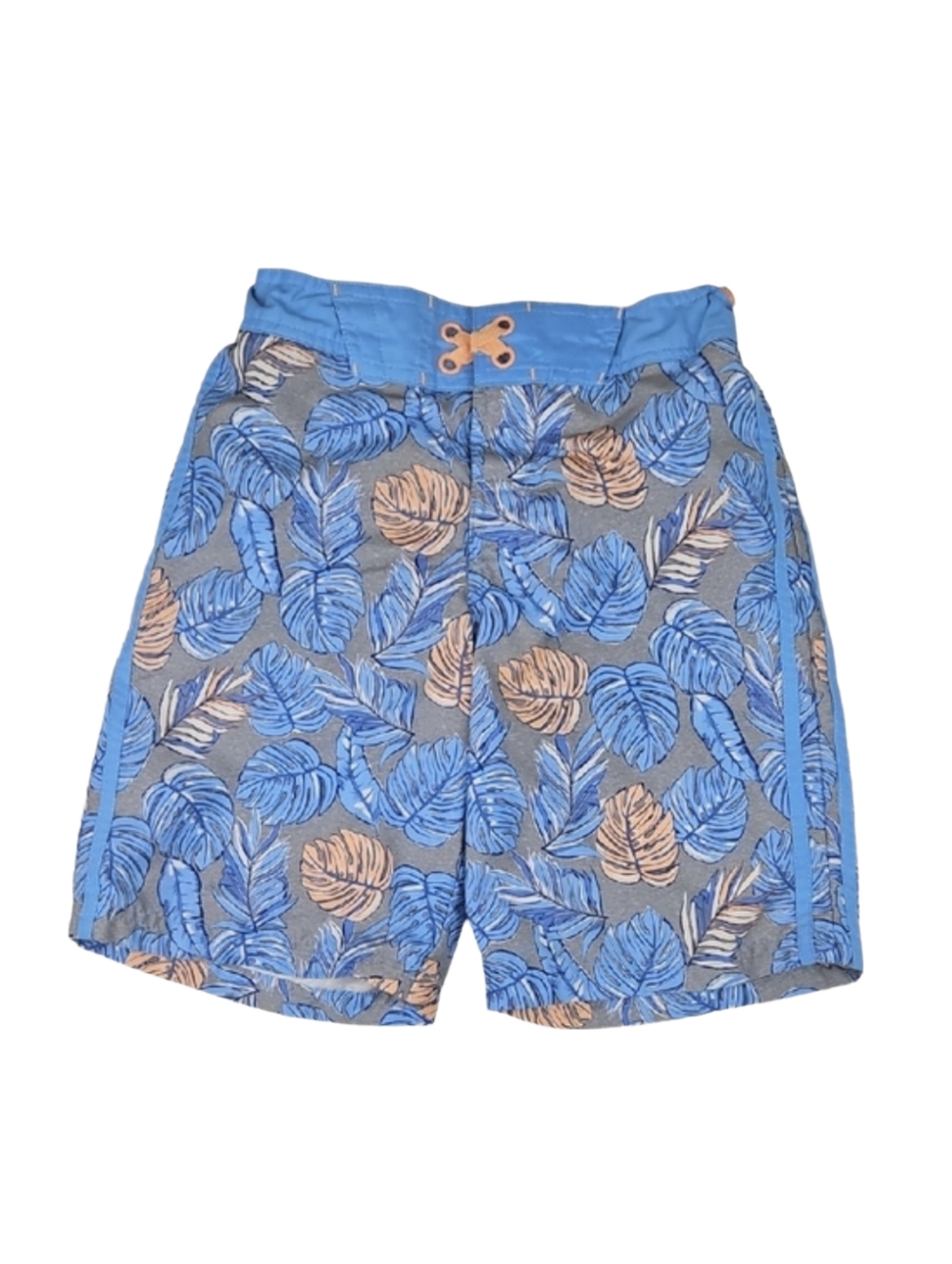 Boys Size 10 Swim Trunks Shorts Swimwear Blue Orange Tropical Print Zip Pocket
